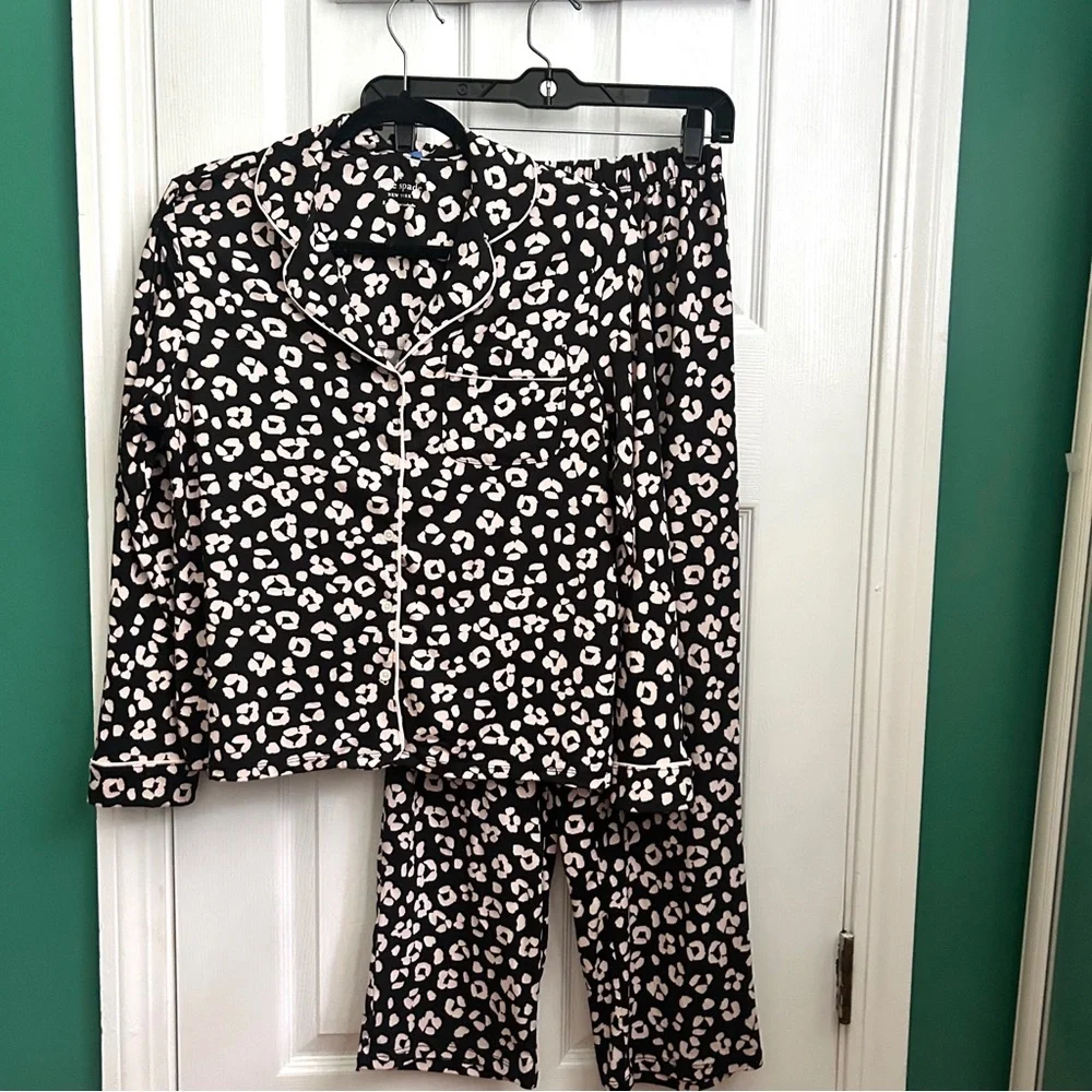 kate spade Black & White Leopard-Print Pajama Set with Contrast Piping